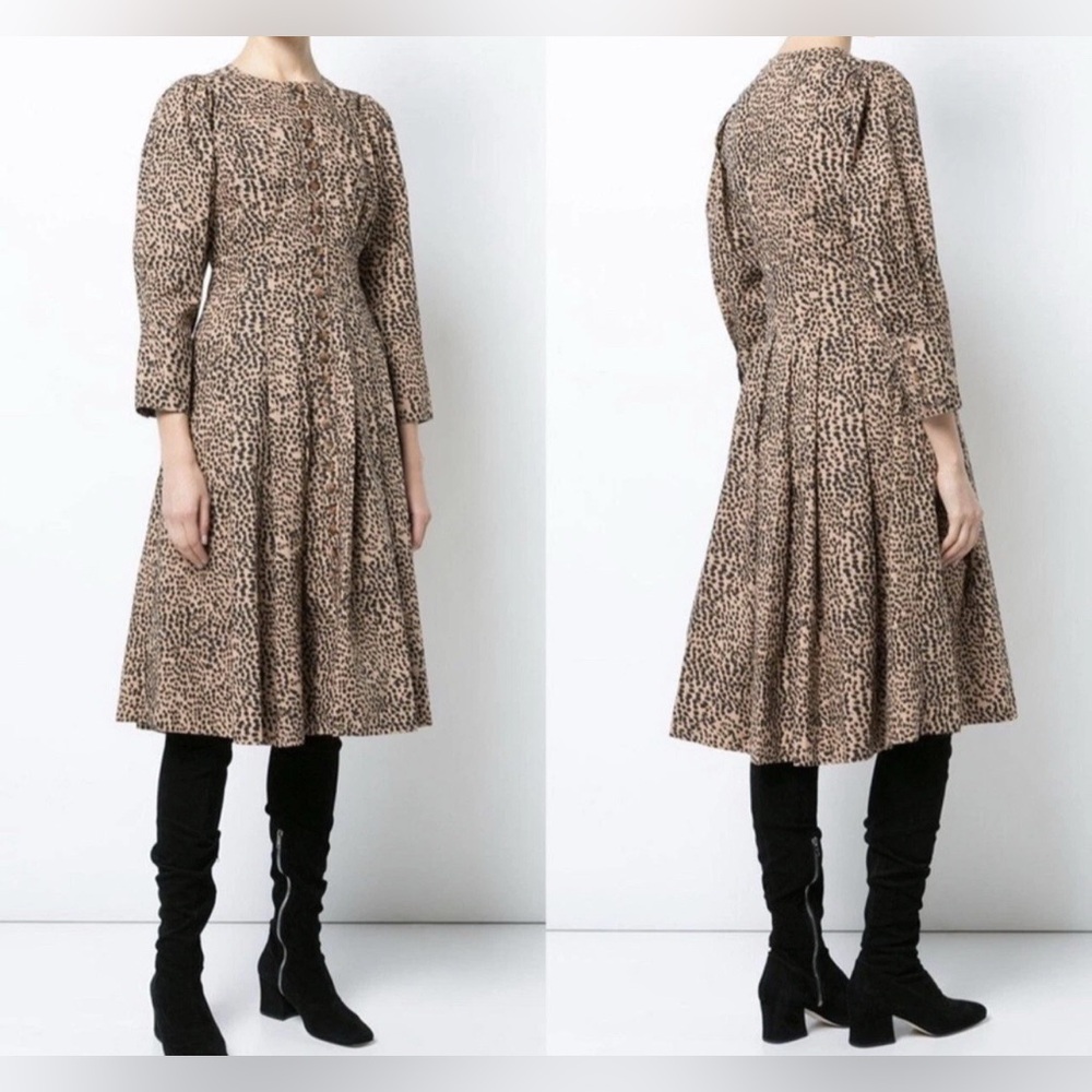 ULLA JOHNSON Bernadette‎ Dress Brown Black Cheetah Animal Print Midi Safari
